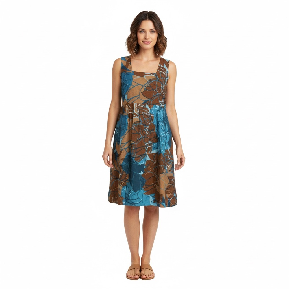 Rabbit Rabbit Rabbit floral Dress drop waist Sz 14 cotton brown blue sleeveless